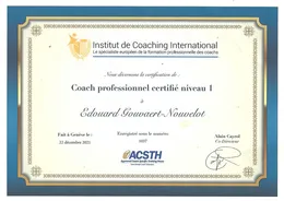 Diplôme de l’Institut de Coaching International (ICI) décerné à Édouard Gouvaert-Nouvelot : coach professionnel certifié niveau 1.